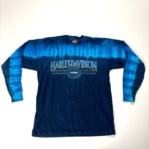 Vintage Harley Davidson Long Sleeve Tie Dye Shirt Blue Sz M USA Biker Single Sti